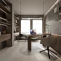 Modern Study Room Interior With Wooden Desk Bookshelves And Pendant Lights