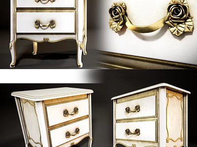 Elegant White Nightstand With Golden Rose Handles And Carved Accents 3d model