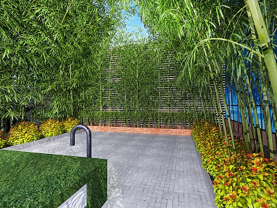 Serene Natural Garden With Bamboo Plants Gray Brick Pathway Trimmed Lawn And Colorful Flower Beds 3d model