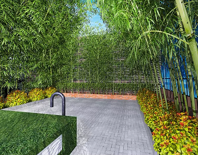Serene Natural Garden With Bamboo Plants Gray Brick Pathway Trimmed Lawn And Colorful Flower Beds 3d model
