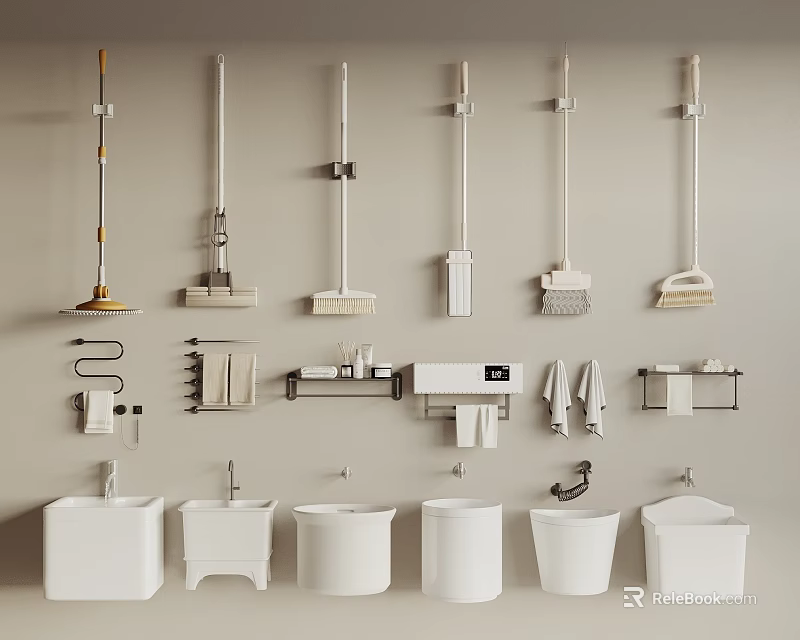 Modern Bathroom Cleaning Tools With Wall Racks Sinks And Towel Holders 3d model 