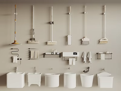 Modern Bathroom Cleaning Tools With Wall Racks Sinks And Towel Holders 3d model