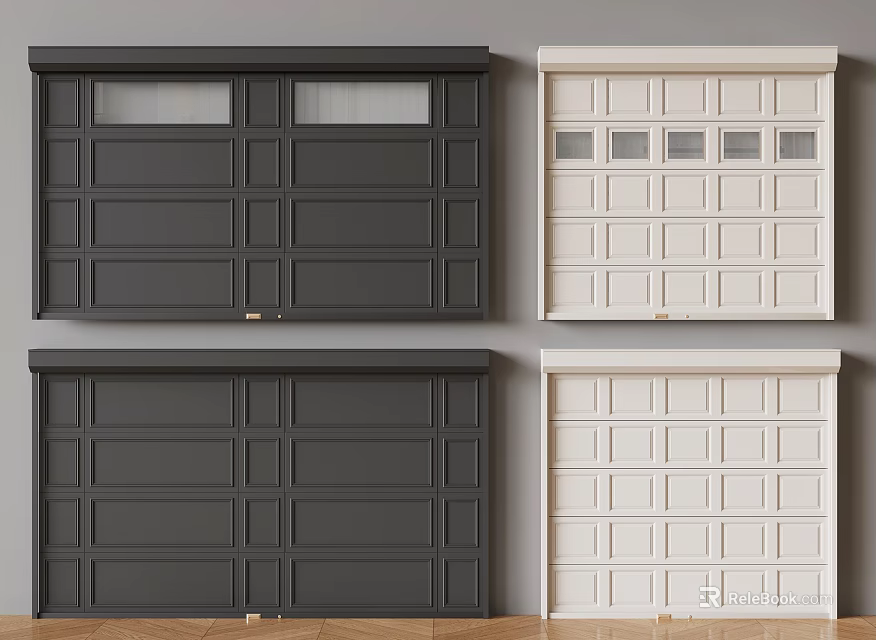 Black and White Modern Garage Doors with Window and Panel Designs 3d model 