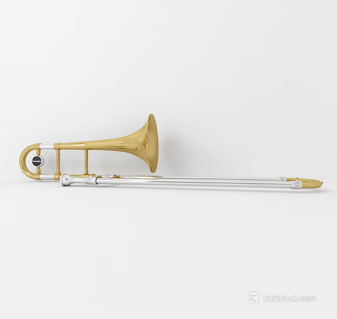 Brass Musical Trombone Instrument With Golden Bell And Silver Slide 3d model 