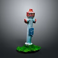 Blue Fire Hydrant With Red Top Standing On Green Grass Base