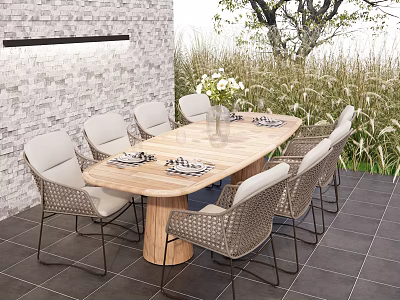 Outdoor Woven Light Gray Dining Chairs With Wooden Table In Patio Garden Setting 3d model