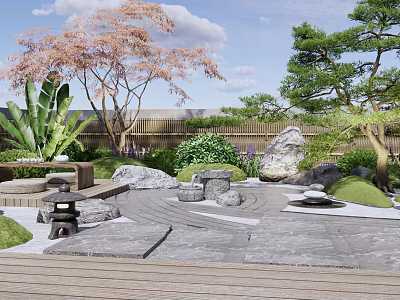 Karesansui Japanese Garden Design With Stones Gravel Moss Pine Trees And Stone Lantern 3d model