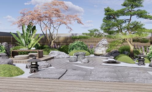 New Chinese Courtyard Zen Courtyard Garden Dry Landscape Stone Landscape Stone Outdoor Tatami Tea Table Shrub Plants Flowers Pine Maple 3d model