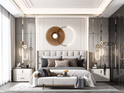 Modern Luxury Bedroom Interior With Circular Decor Pendant Lights And Upholstered Headboard 3d model