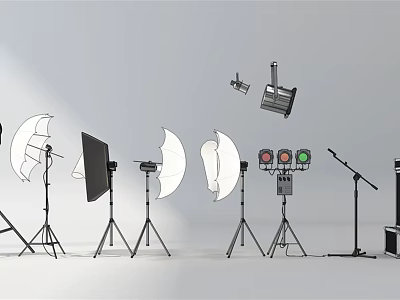Professional Commercial Equipment With Studio Lighting Tripods Microphones And Control Panel 3d model