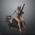 Woman Wearing Bikini And Headscarf Riding Camel Statue With Decorative Head Covering Holding Rifle