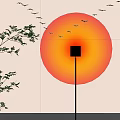 Yellow Sun With Red Halo And Flying Birds Near Tree Branches And Street Lamp