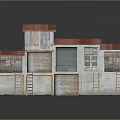 Vintage Building Structure With Red Roof Roller Shutters Windows And Ladders