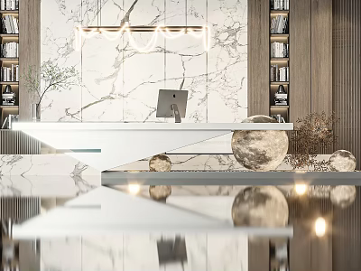 Modern Reception Desk Interior With Marble Backdrop Hanging Lights Bookshelves And Green Plant 3d model