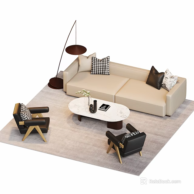 Beige Sofa with Pillows Round Coffee Table Set Accent Chairs and Floor Lamp 3d model