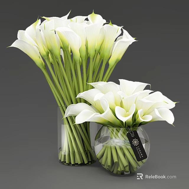 Decorative White Calla Lilies Arranged in Two Glass Vases with Green Stems and Black Tag 3d model 