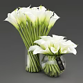 Decorative White Calla Lilies Arranged in Two Glass Vases with Green Stems and Black Tag