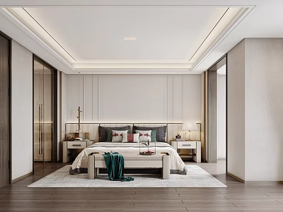 Modern Bedroom Interior Design With Platform Bed Nightstands And Area Rug 3d model