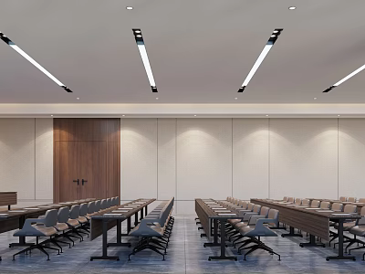 Modern Conference Room Interior Design With Long Tables Ergonomic Chairs Ceiling Lights And Wooden Wall 3d model