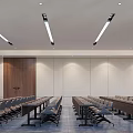 Modern Conference Room Interior Design With Long Tables Ergonomic Chairs Ceiling Lights And Wooden Wall