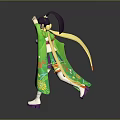 Woman in green kimono with floral patterns dancing with flowing sash and hat