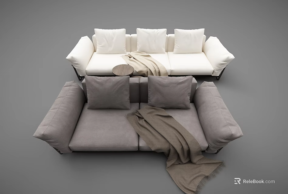Modern White And Gray Sofa Set With Decorative Pillows And Soft Blanket 3d model 