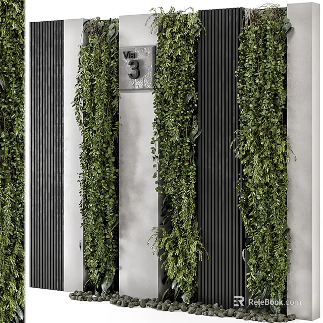 Modern Living Green Plant Wall Design With Lush Vertical Foliage And Striped Background 3d model 