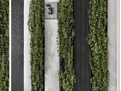 Modern Living Green Plant Wall Design With Lush Vertical Foliage And Striped Background 3d model