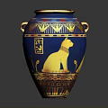 Exquisite Blue Vase Sculpture With Golden Decorations And Egyptian Cat Design