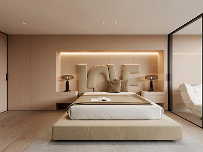 Modern Bedroom Interior Design With LOVE Letter Decor Beige Bed Nightstands And Glass Doors 3d model