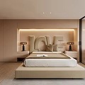 Modern Bedroom Interior Design With LOVE Letter Decor Beige Bed Nightstands And Glass Doors