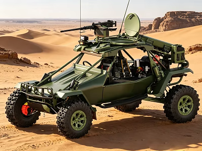 Military Green Off Road Vehicle In Desert With Large Tires And Antenna System 3d model