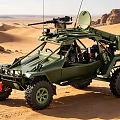 Military Green Off Road Vehicle In Desert With Large Tires And Antenna System