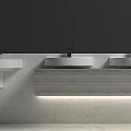 Three White Washbasins on Grey Countertop with Modern Faucets in Contemporary Bathroom