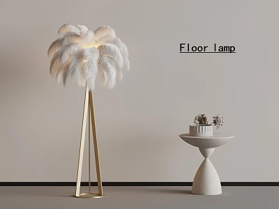 Modern Floor Lamp With White Feather Shade And Golden Stand By Side Table 3d model
