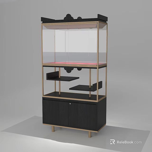 Jewelry Store Glass Display Cabinet With Black Wooden Base And Shelves Design 3d model 