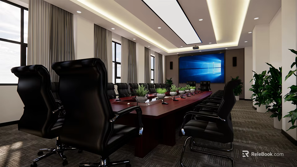 Spacious Meeting Room With Long Table Black Chairs Projection Screen And Plants 3d model