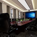 Spacious Meeting Room With Long Table Black Chairs Projection Screen And Plants 3d model