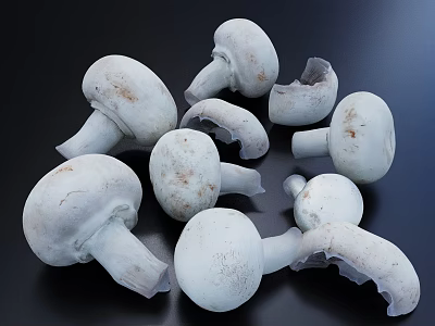 Fresh White Mushrooms with Whole and Sliced Pieces on Dark Surface 3d model