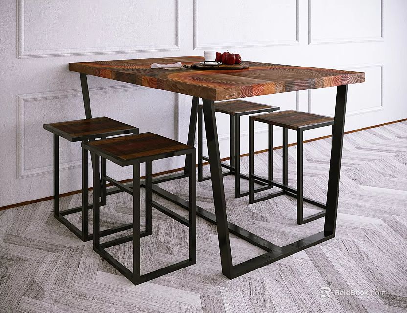 Rustic Wooden Dining Table Set With Dark Metal Frame And Matching Stools On Herringbone Floor 3d model