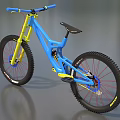 Blue and Yellow Downhill Mountain Bike With Large Tires Blue Frame Yellow Fork