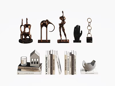 Modern Decorative Ornament Set With Metallic Sculptures Book Stacks Candle And Shell Decor 3d model