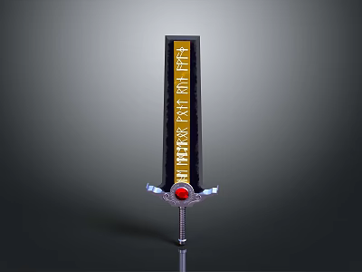 Ornamental Black Sword With Yellow Inscriptions Silver Hilt And Red Gemstone 3d model