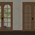 Wooden Double Doors With Arched And Grid Glass Panels Against Light Walls And Flooring
