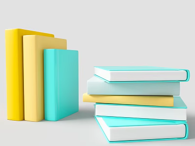 Colorful Books Stacked In Yellow Light Blue And Cream On White Background 3d model