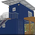 Blue Two Story Container House With Wooden Deck Outdoor Furniture And RV In Green Surroundings
