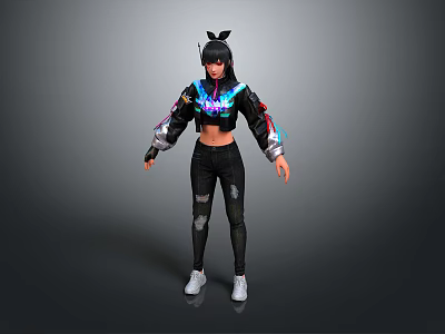 3D Character With Black Short Hair Accessory Colorful Jacket Cropped Top Ripped Pants White Sneakers 3d model