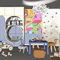 Vibrant Kids Playroom Featuring Colorful Mural Round Nook Toy Car Small Table Chairs Cloud Lamp