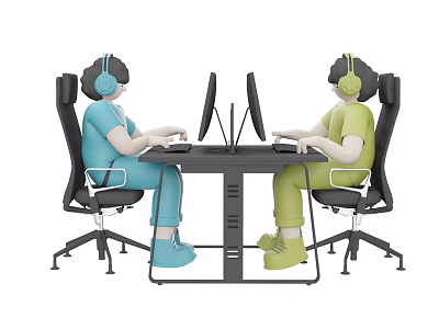 Game and Film Characters Wearing Headphones Sitting on Chairs Facing Computers with Different Colored Outfits 3d model
