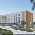 Modern Multi Story Office Building With White Brown Facade Green Landscaping And Walkways